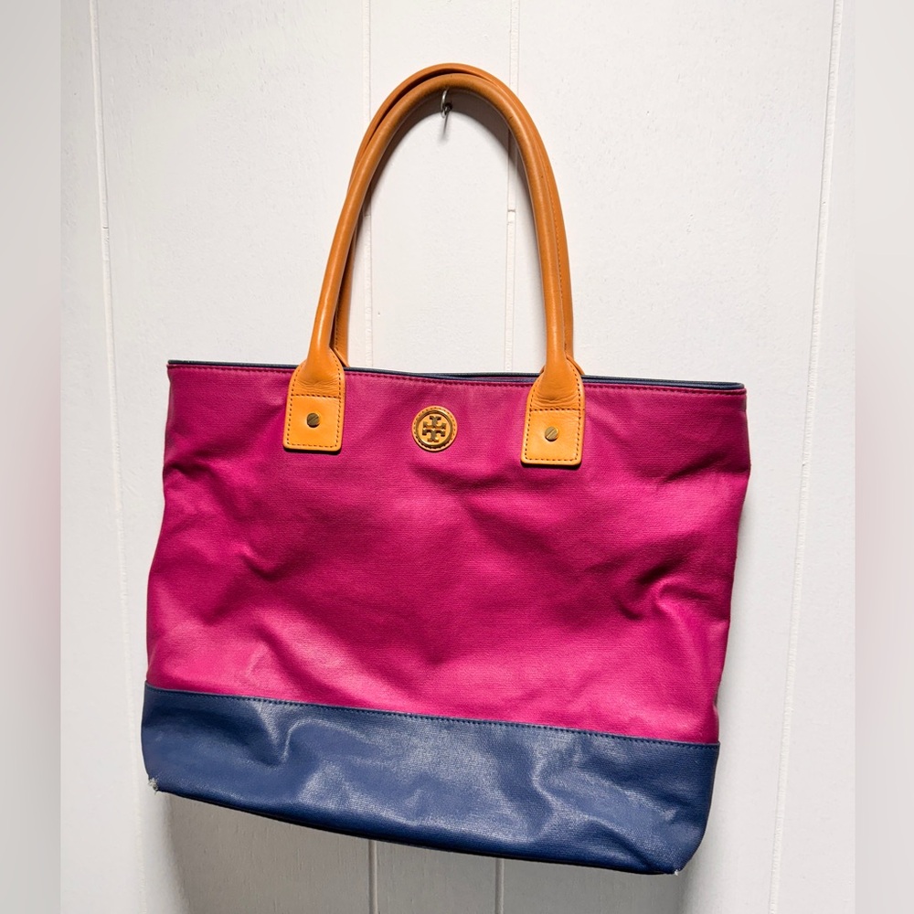 Tory Burch Women's Fuchsia Navy Canvas Jaden Large Tote Bag